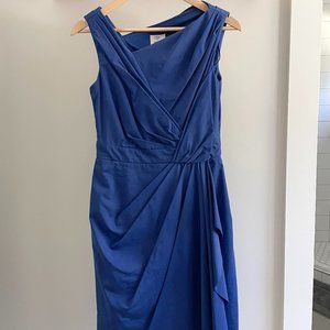 Blue Cocktail Dress Faux Wrap Flattering Size 6 Side Zip Pockets Cotton Royal